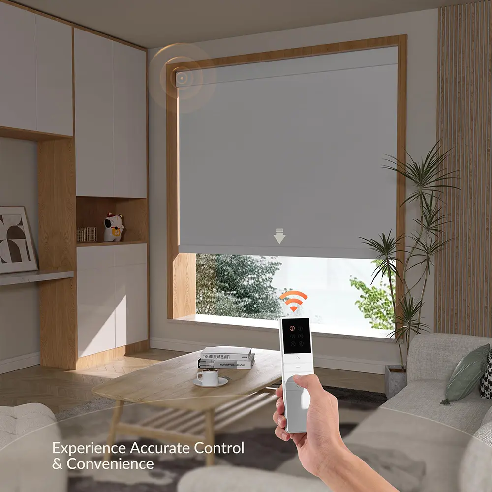Pocageum Custom-Size Motorized Blackout Roller Shades, Rechargeable Cordless Linen Electric Roll-Up Blinds with Remote for Bedroom, Living Room