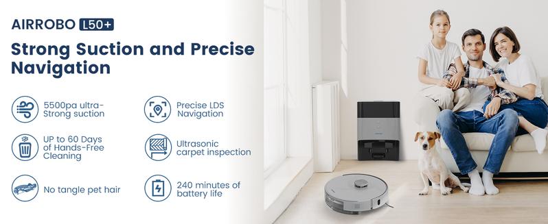 AIRROBO Robot Vacuum and Mop with Self-empty Model L40+(vacuum&mop with self empty station) Model L50+(with station and Ultrasonic carpet detection)