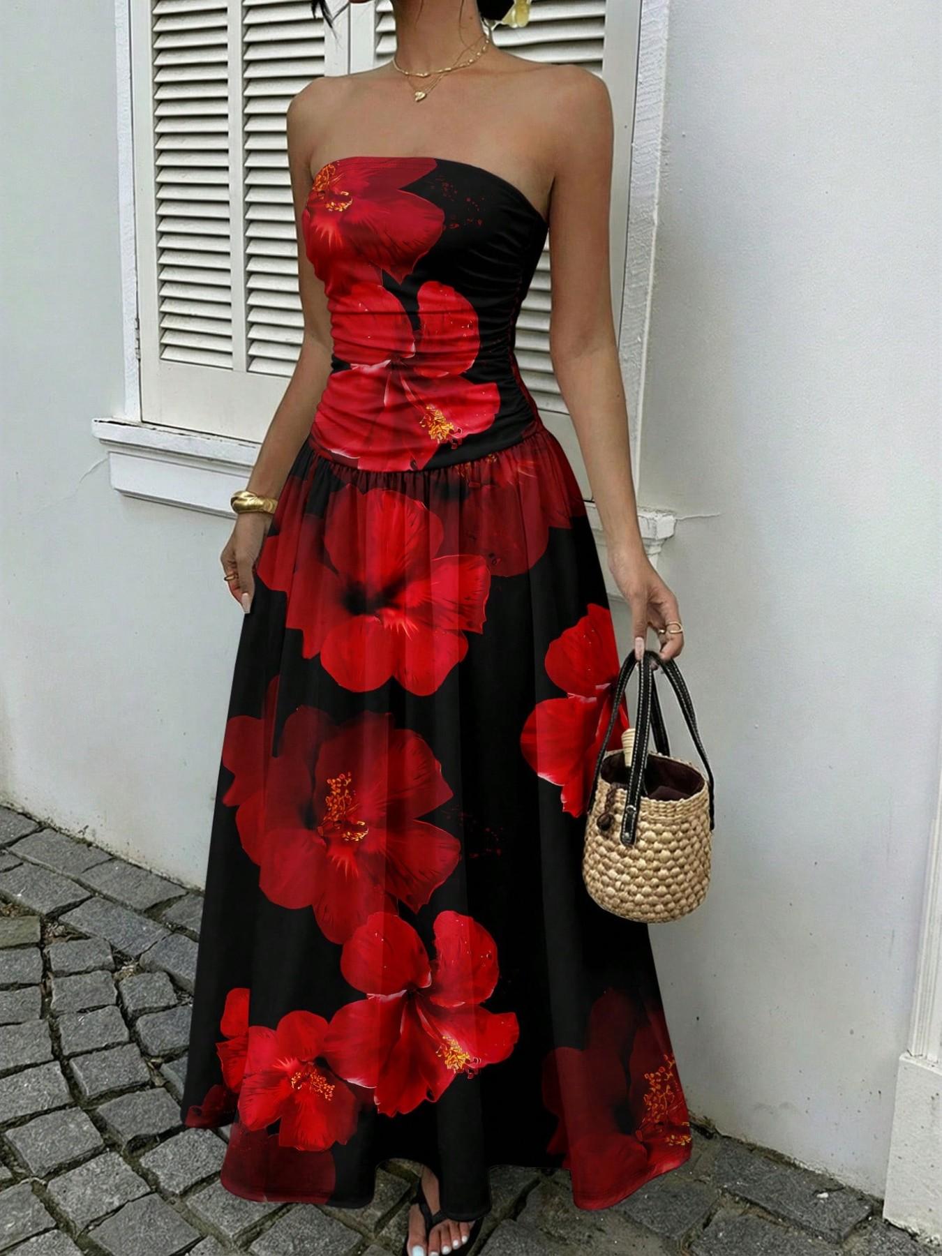 Women's Elegant Chic Fashion Polka Dot Strapless Dress, Stylish Sleeveless Maxi Dress for Parties and Casual Wear Womenswear, Elegant Evening Dress