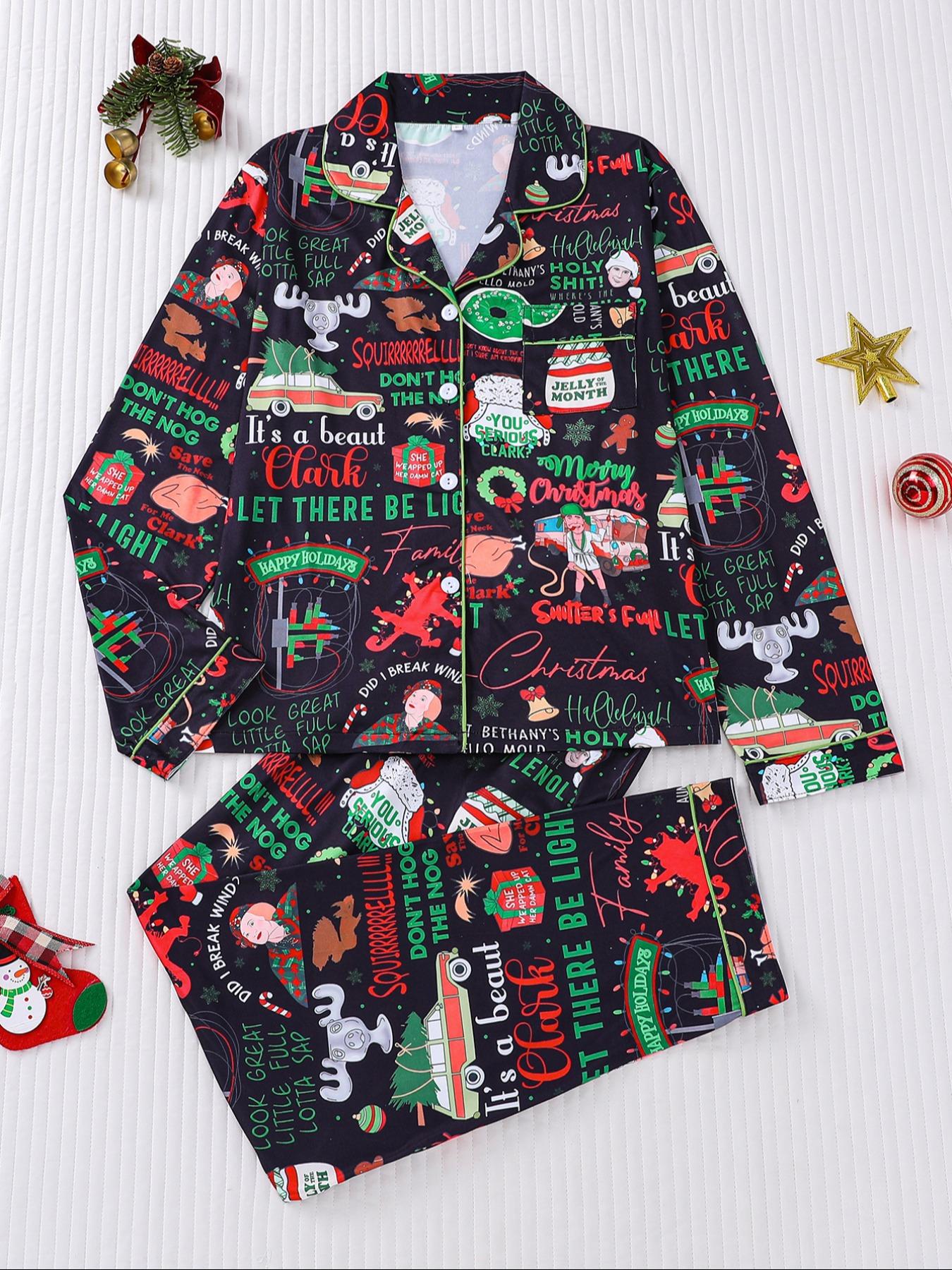 【Christmas Pajamas】It's A Beaut Clark Christmas Women's Set, Long Sleeve Button Front Top & Elastic Pants, Soft Comfortable Holiday Sleepwear & Loungewear for Women