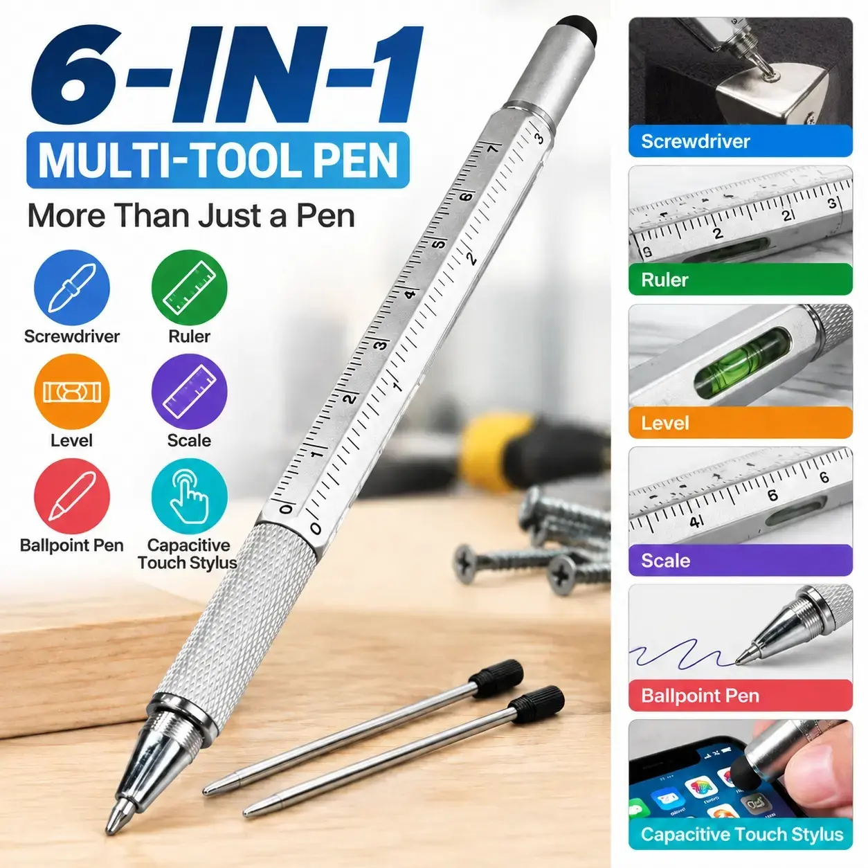 6 in 1 Multi Tool Pen Multifunctional Tool Pen with Screwdriver Level Ruler Ballpoint Pen Capacitive Touch Screen Stylus Handyman Pocket Gadget Engineer Office School Metal Utility Pen Great Gift for Men Dad Handyman