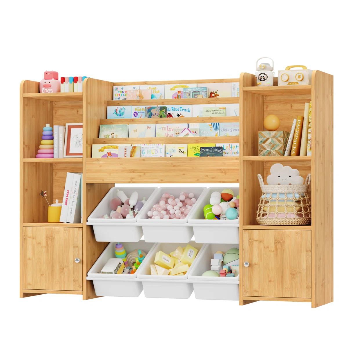FOTOSOK Toy Storage Organizer with 6 Toy Bins, Toy Organizer Kids Bookshelf with 6 Cubbies, Multifunctional Floor Storage Chest for Playroom