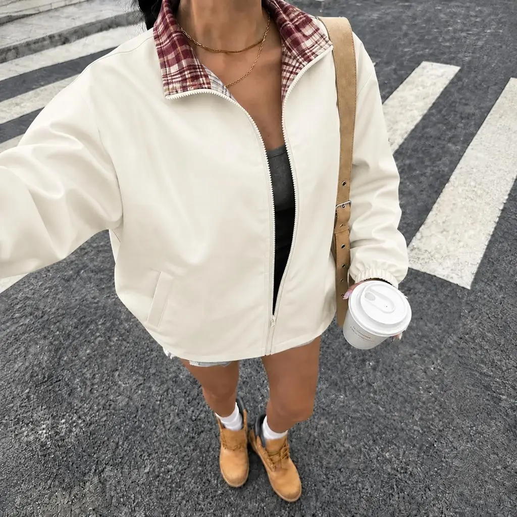 Women Zip Up Jacket, Plaid Lined Stand Collar Bomber Coat, Elastic Cuffs Long Sleeve Loose Oversized Outerwear, Casual Drop Shoulder Windbreaker Jacket, Lightweight Transition Coat For Daily Streetwear, Shopping And Weekend Casual Outfits.