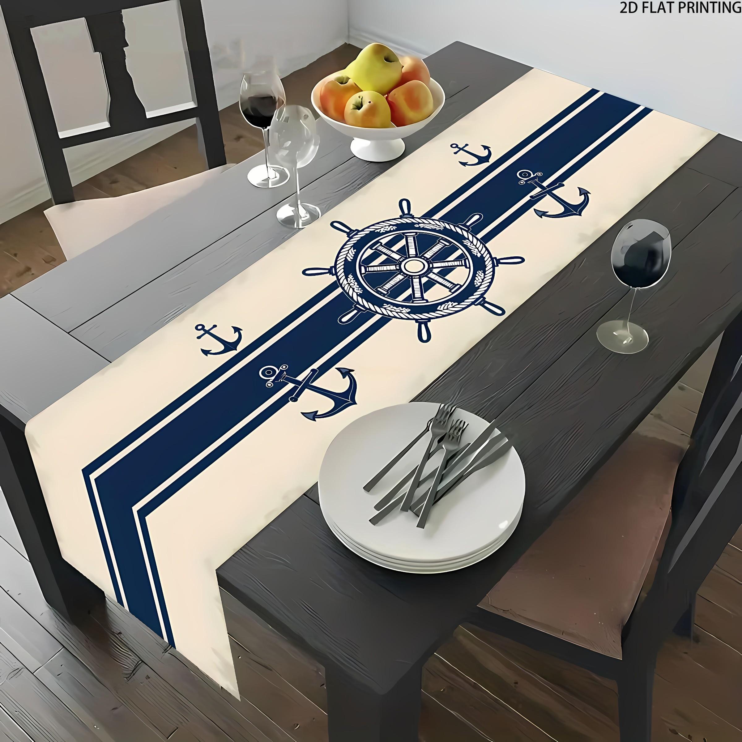 2D flat printing, 1 ship rudder anchor and sailor stripe rectangular table flag, suitable for dining tables, coffee tables, home party decorations, bright cultural decorations in kitchens, parties, and festivals