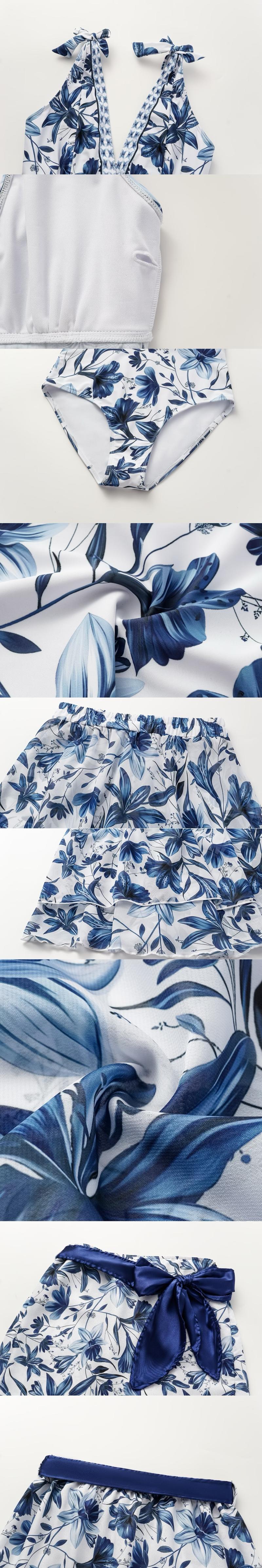 FLAXMAKER Women's V Neck Blue Print One-Piece Swimsuit and Matching Cover Skirt Set Summer Swimdress Swimming White Bathing Suit Stylish Beachwear #TikTokShopBlackFriday