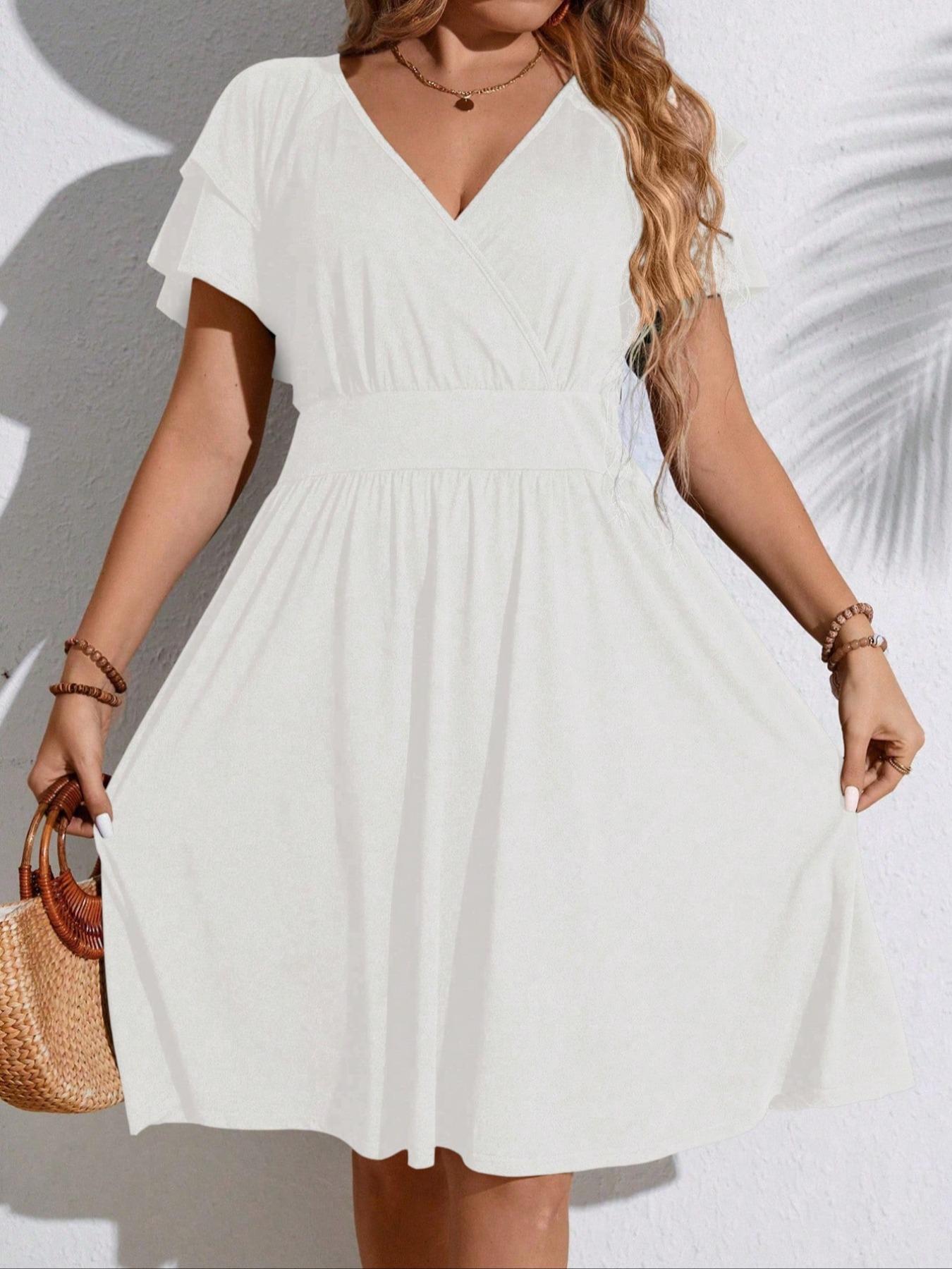 【Plus Size】 Solid Color V Neck Dress, Fashion Casual Dress for Wedding Guest, Women's Clothing for Summer