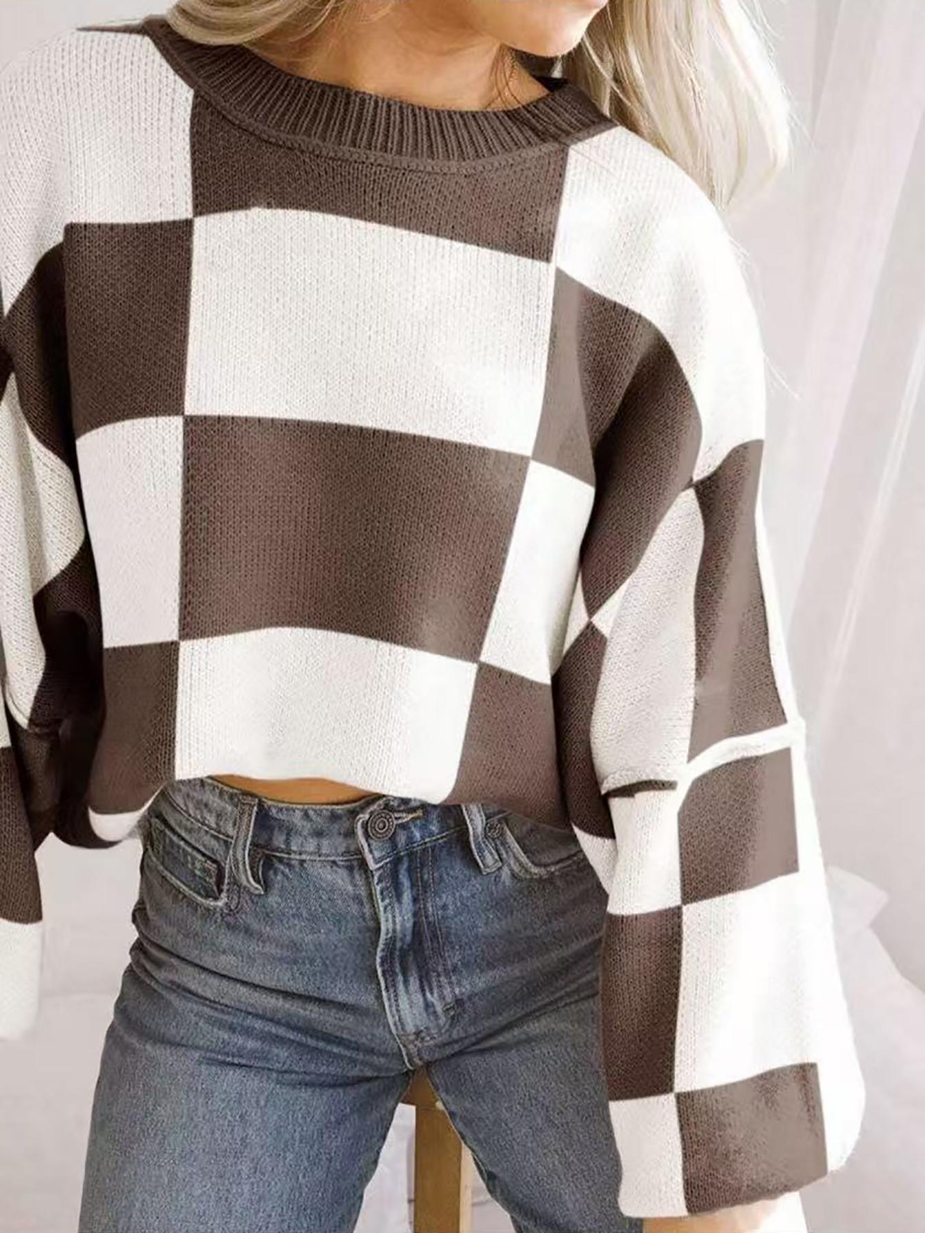 Women's Loose Fit Colorblock Sweater, Vintage Plaid Knit Pullover, Fall Winter Casual Round Neck Top, Elegant Patchwork Design, Womenswear