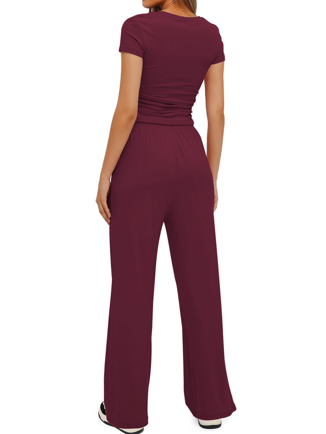 Women's Spring Summer Casual Set, Round Neck Short Sleeve Top & Wide Leg Pants, Slim Fit Home Wear, 2 Piece Comfortable