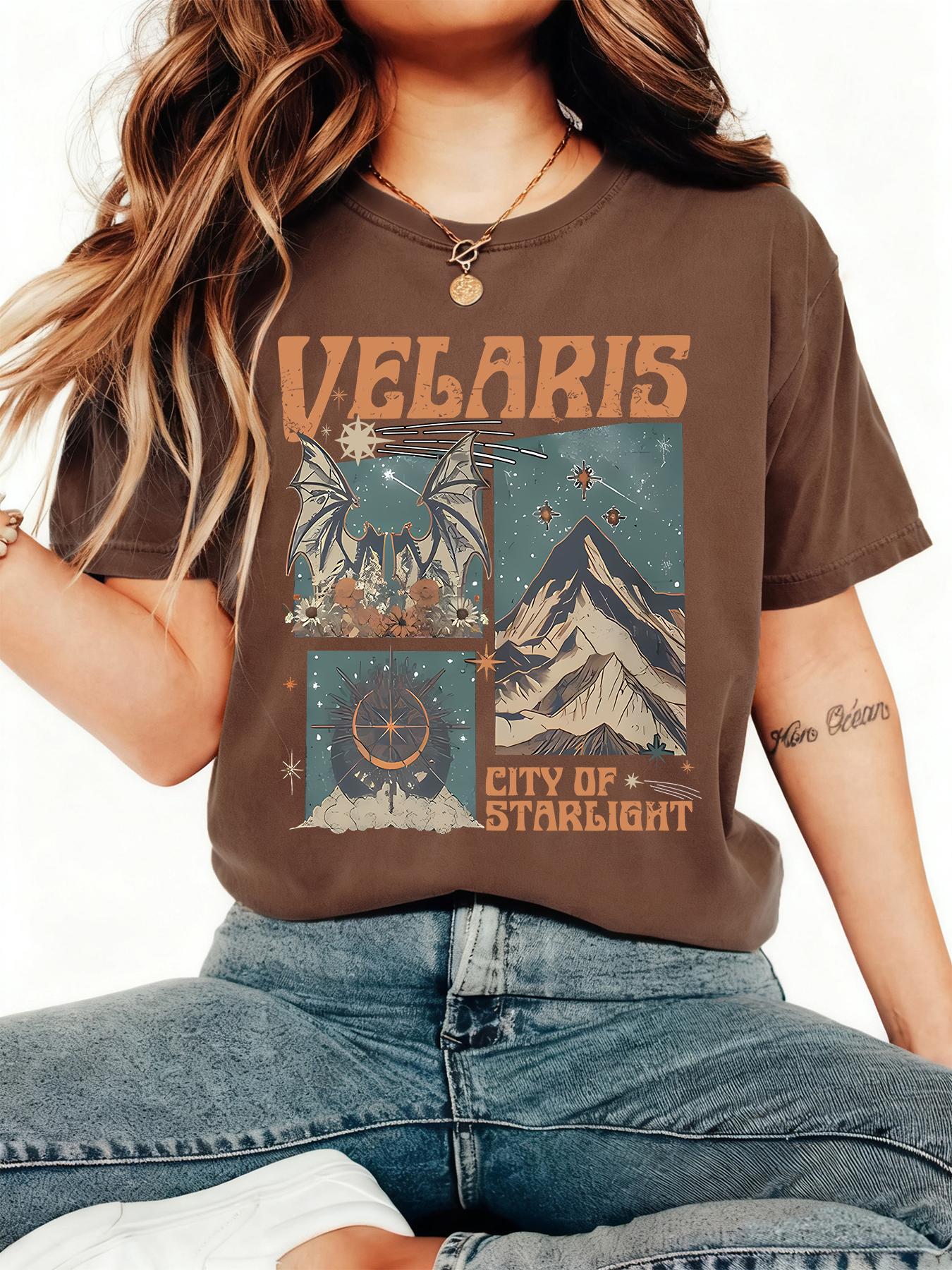 Women's Velaris City Of Starlight Graphic Print Round Neck Tee, Casual Letter Print Short Sleeve T-shirt for Summer, Ladies Clothes for Daily Wear, Top