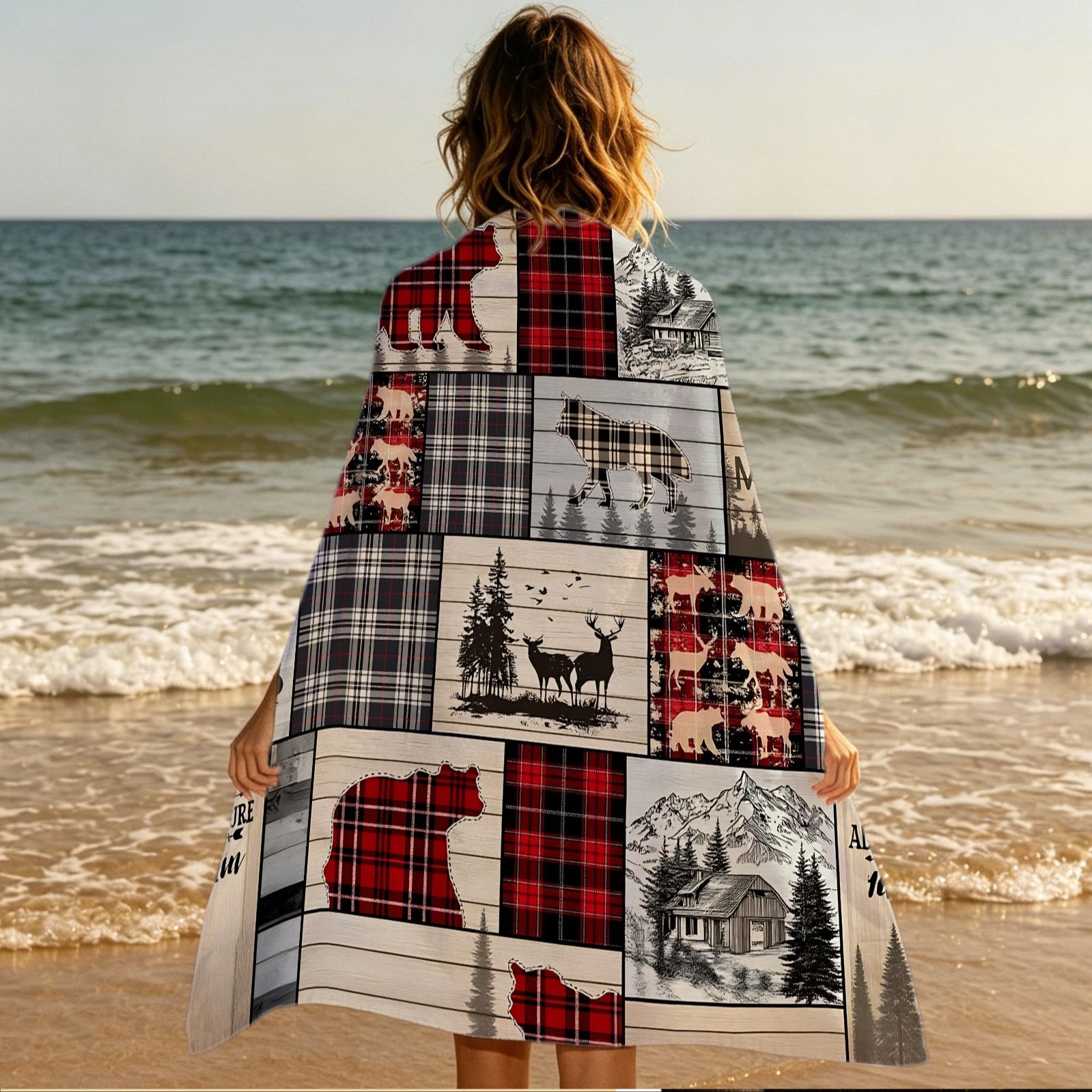 Retro Log Cabin Animal Print Beach Towel, Unique Wilderness Patchwork Beach Towel, Multi‑Color Checkered Oversized Beach Towel—Absorbent and Quick‑Drying, Perfect for All Kinds of Summer Outings