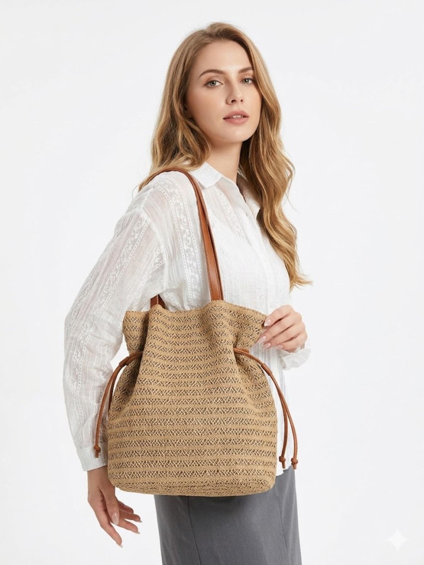 Straw Bucket Bag for Women, Woven Drawstring Shoulder Tote, Summer Beach Handbag, Large Capacity Vacation Boho Purse