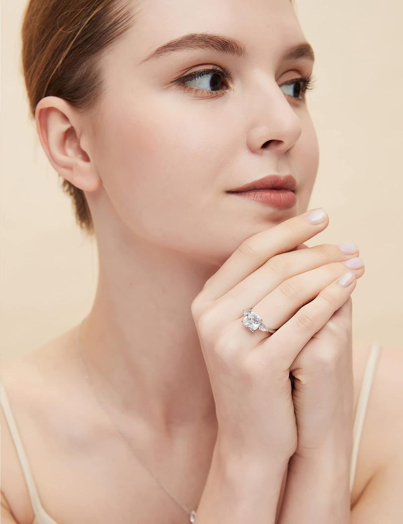 EAMTI 3.5CT 925 Sterling Silver Engagement Rings 3-Stone Cushion Cut Cubic Zirconia CZ Wedding Promise Rings for Her Wedding Bands for Women