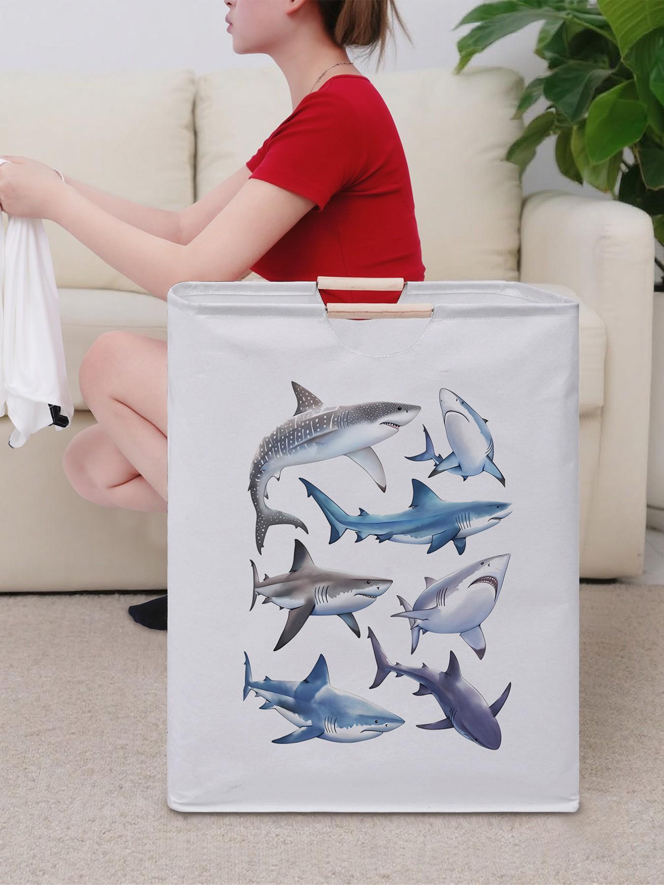 Shark Pattern Open Storage Box, Foldable Laundry Basket with Handle, Random Print, Home Bathroom Use, All Seasons