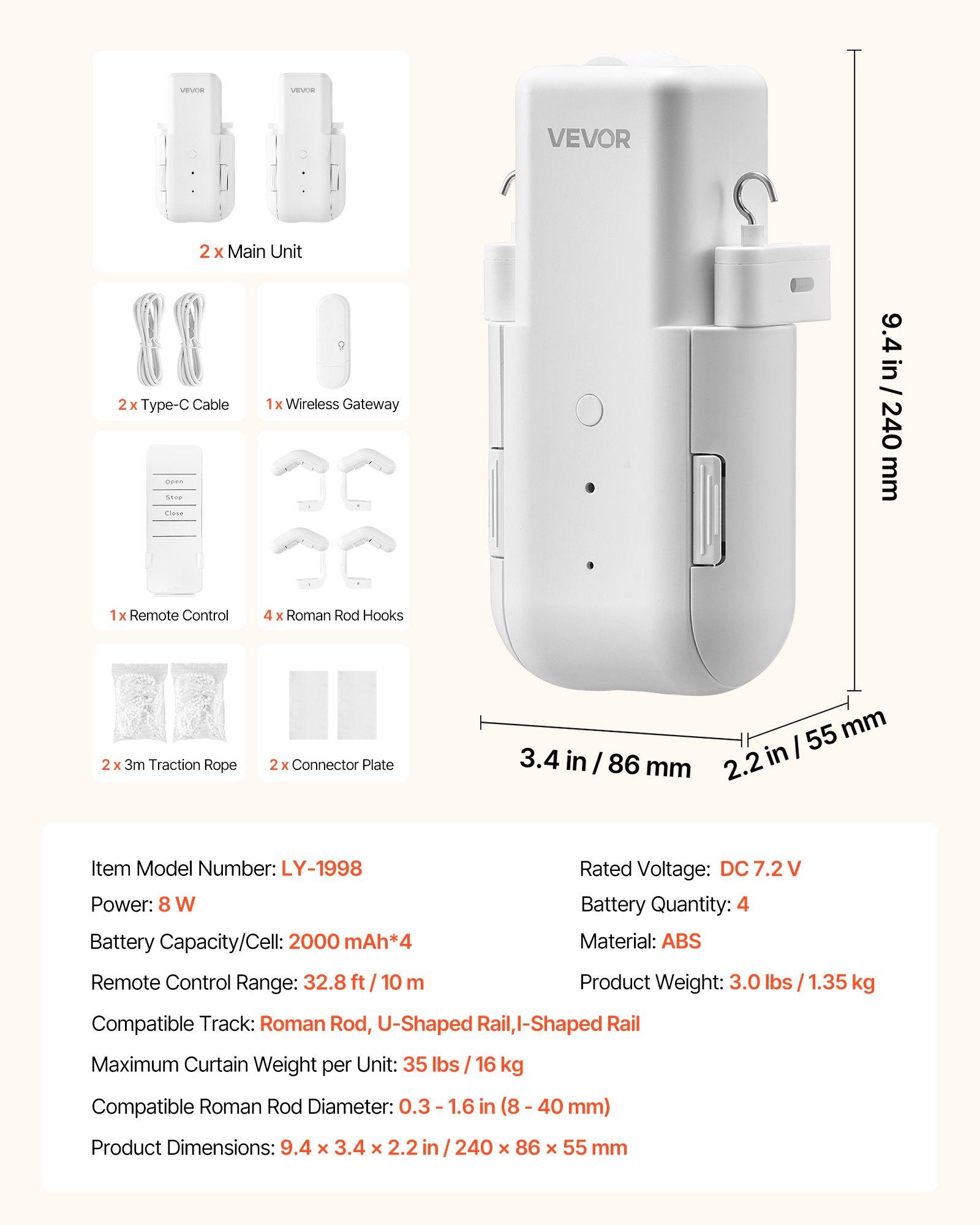 VEVOR Automatic Curtain Opener, 2 Pack, APP and Remote Control, Hub Included, Electric Smart Curtain Opener Compatible with Alexa and Google Home, Timed Opening and Closing, for Roman Rods, U/I Rails