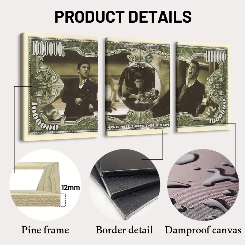 3 Count wooden frame canvas, Gangster Legend Money Pattern poster, Vintage Money Art Decoration, Exquisite Mural, Stylish Bedroom Decoration, Modern Home Decoration, Living Room and Hallway Wall Decoration, HD, waterproof, Art 3 Count wooden frame canvas, Gangster Legend Money Pattern poster, Vintage Money Art Decoration, Exquisite Mural, Stylish Bedroom Decoration, Modern Home Decoration, Living Room and Hallway Wall Decoration, HD, waterproof, Art