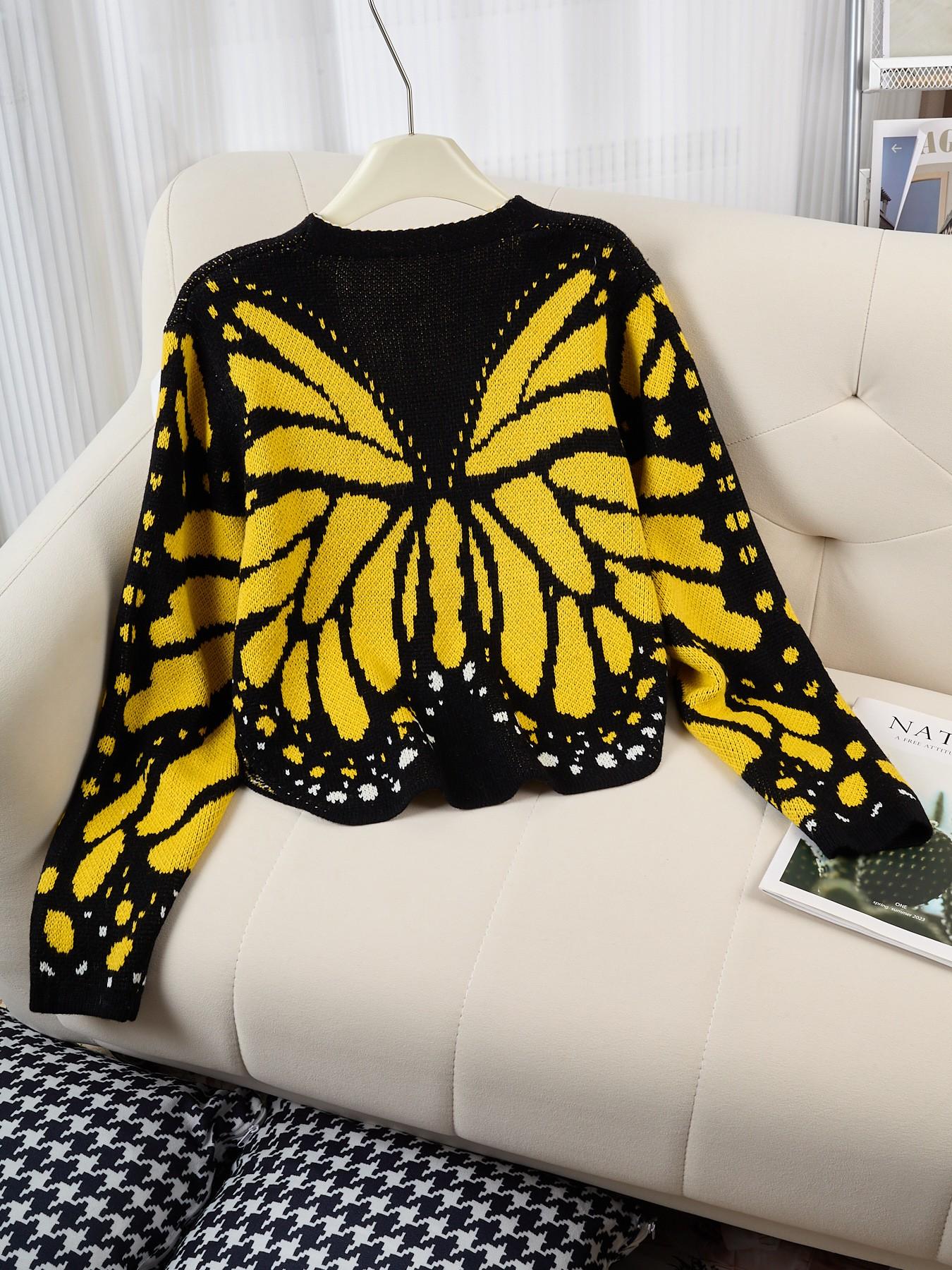 Women's Butterfly Pattern Knit Cardigan, V-Neck Button Long Sleeve Short Coat, Fall Sweater Jacket for Travel, Outdoor Picnics, Knitwear
