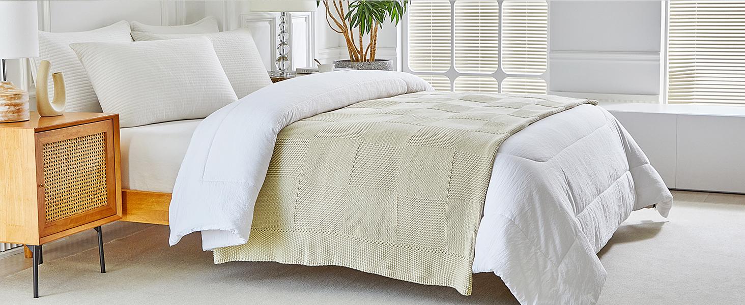 100% Cotton Chunky Cable Knit Throw Blanket for Sofa Couch Bed Baby Nursery, Farmhouse Chessboard Grid Woven Blanket with Bonus Laundering Bag, 51 x 63 Inches, Cream