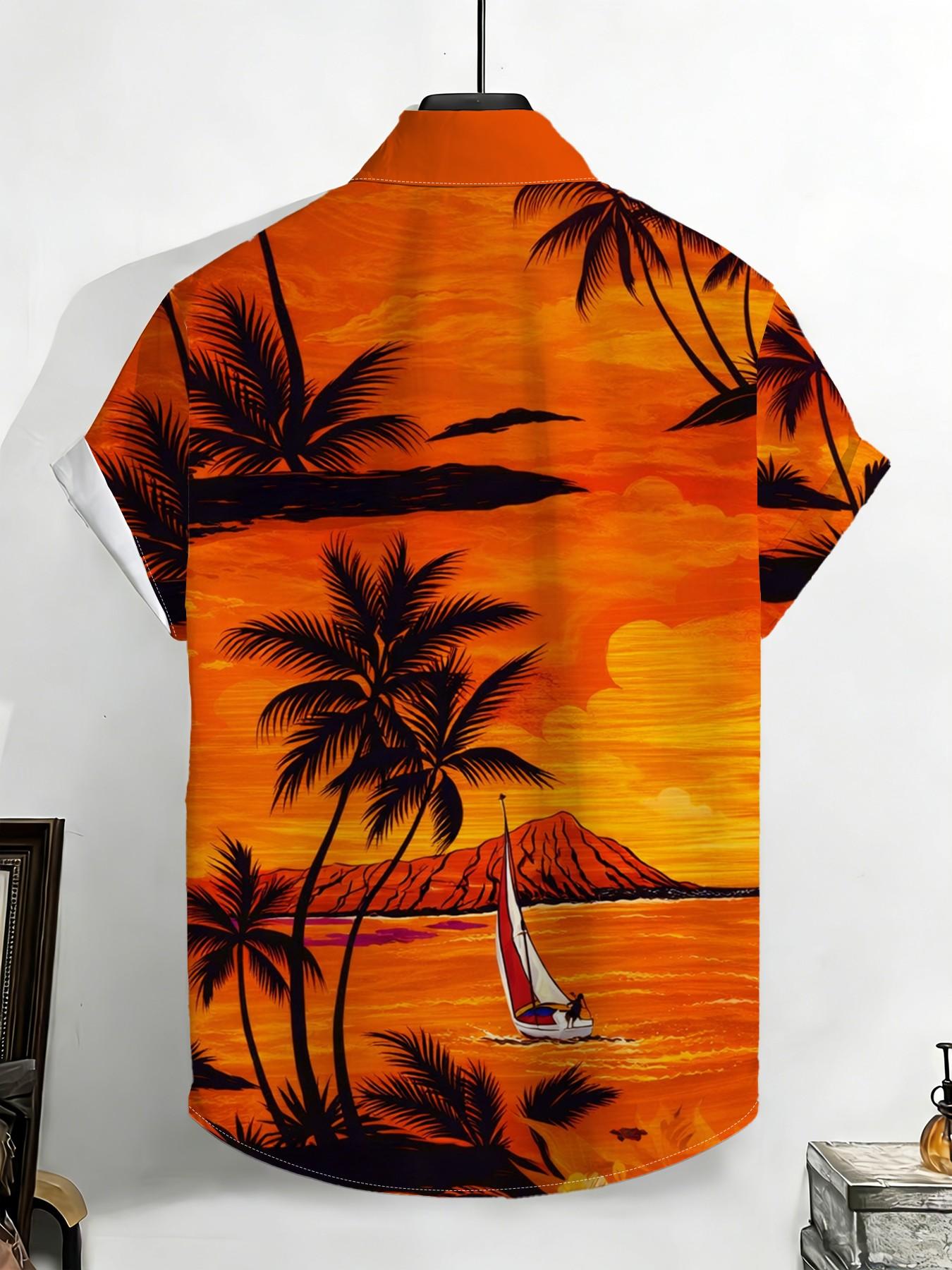Large Size Men's Sunset Island Style Shirt, Summer Loose Fit Breathable Short Sleeve, Plus Size Beach Vacation Casual Top