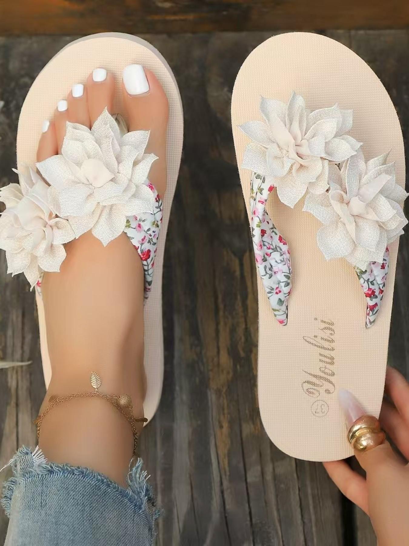 Summer Floral Sandals, Thick Sole Platform Flip Flops, Anti-Slip Beach Shoes, Height-Boosting Summer Footwear, Casual Vacation Style