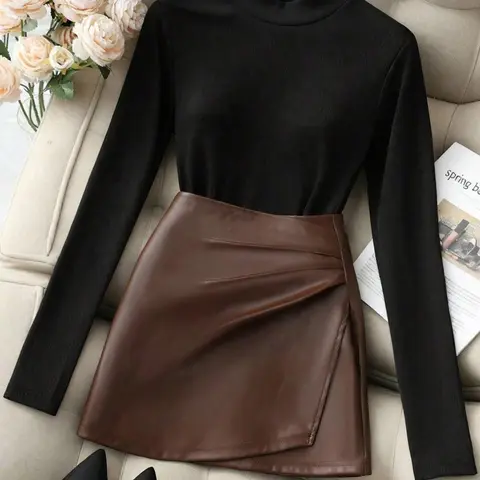 Women's Elegant Chic Casual Knit Turtleneck High Neck Long Sleeve Commuter Top and Skirt Set Outfit for Fall & Winter, Two-Piece Office Wear, Womenswear, Clothes