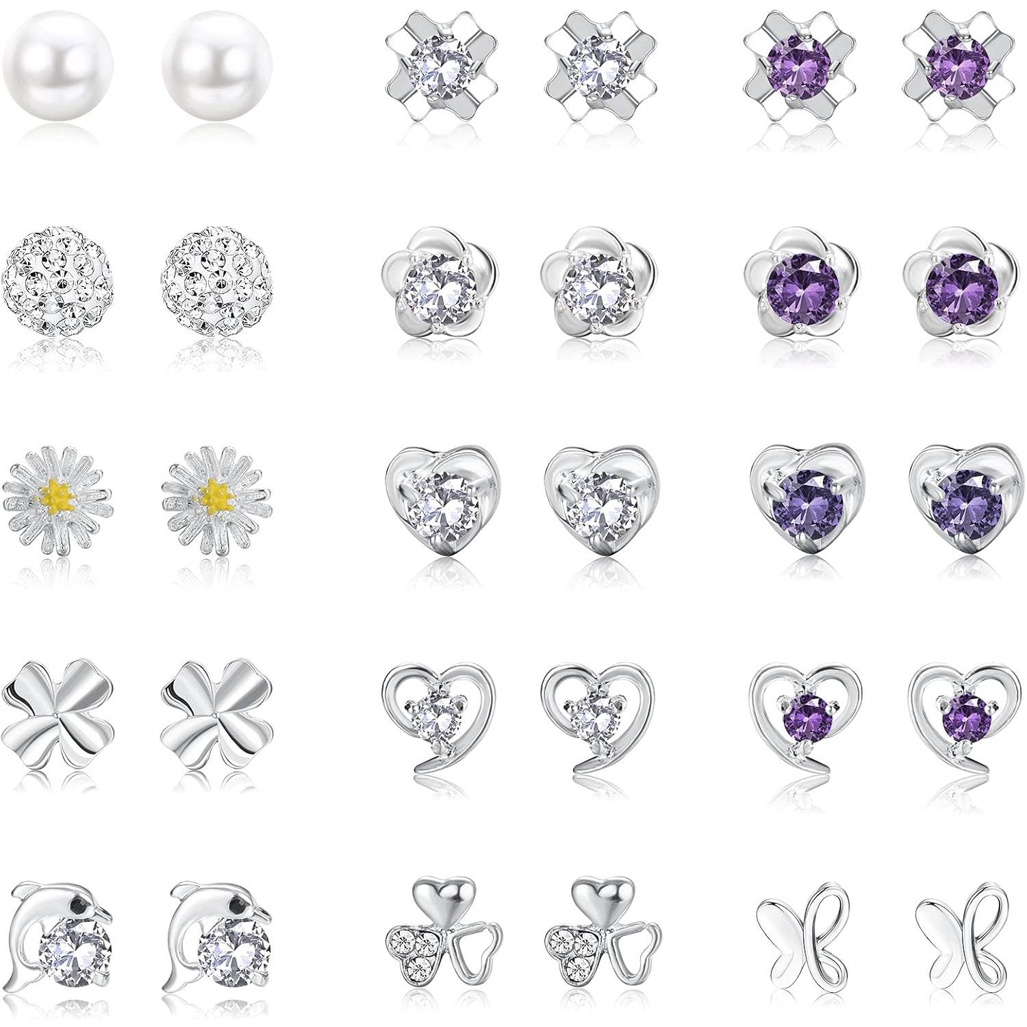 15 Pairs Silver Earrings for Women, Hypoallergenic 925 Sterling Silver Earrings Set for Girls, Cute Small Pearl, Crystal, Round, Heart, Flower, Butterfly & Cubic Zirconia Stud Earrings