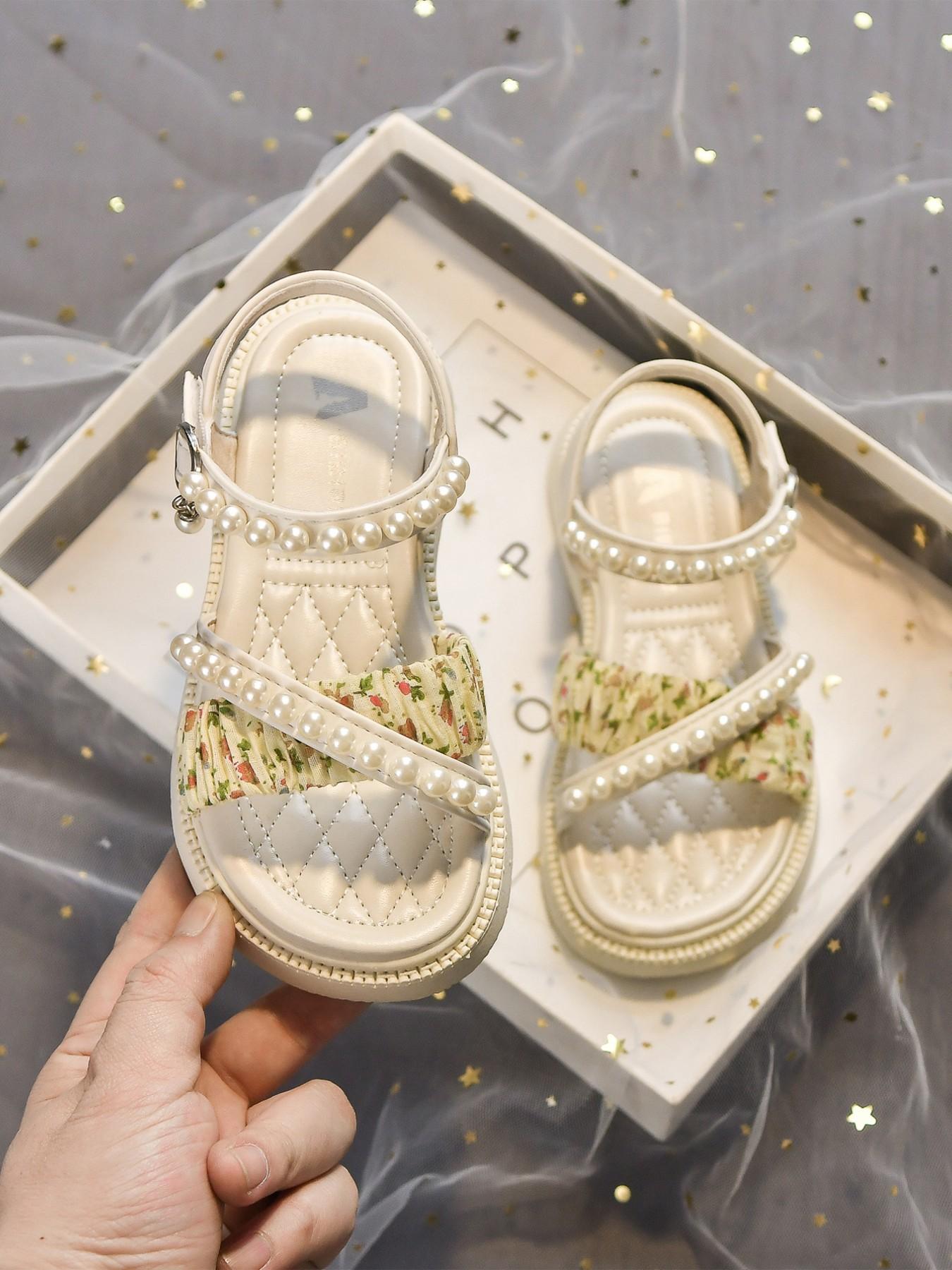 Girls' Pearl Open-Toe Sandals, Elegant Floral Design, Breathable Soft Sole, Magic Tape Closure, Comfortable PU Leather, Ages 3-12