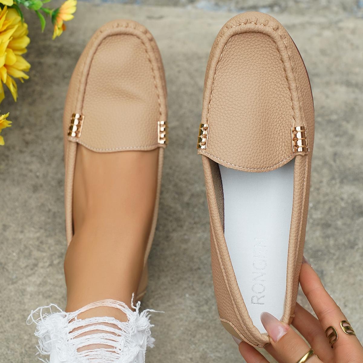 Women's Classic Plain Low Heel Shoes, Fashionable and Sexy, High-End Slant Metal Chain Decoration, Comfortable Casual Loafers, Slip On Shoes
