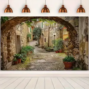 Retro style stone village background cloth, party decoration photo props, suitable for indoor decoration banners, studio props, Wall Decor Banner, Room Decor Banner, Decorative Banner