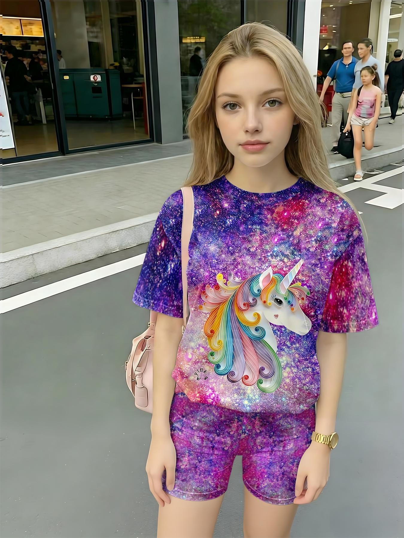 Girls Summer Rainbow Unicorn Galaxy Print Set, Kids Stylish Short Sleeve & Shorts Two-Piece Outfit