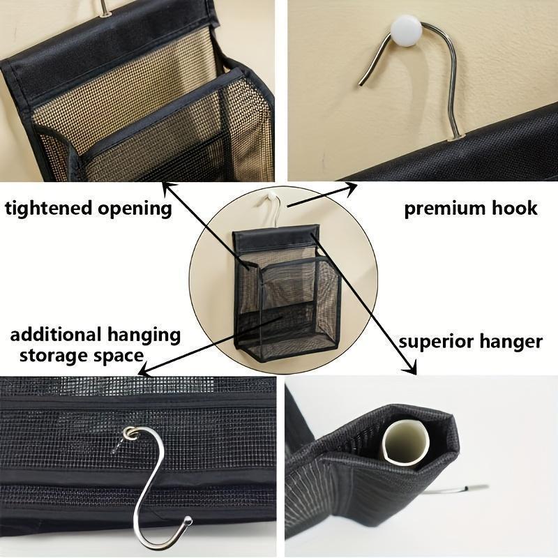 [1 Mesh Shower Hook] 1 Multi-Functional Mesh Shower Storage Hook, Black | Easy to Install, Hanging Bathroom Basket, Kitchen Organizer Bag | Suitable for Bathrooms, Kitchens, Bedrooms, Living Rooms