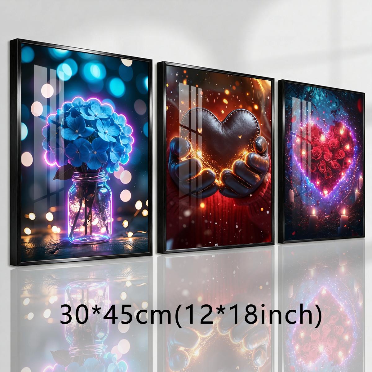3 Counts Aluminum Alloy Framed Painting, Romantic Roses Hearts And Flowers Pictures, Home Decoration For Living Room, Bedroom, Office, Restaurant, Hallway Wall Decor, Odorless Print Artwork, Luxury Perfect Gift For Friends And Family