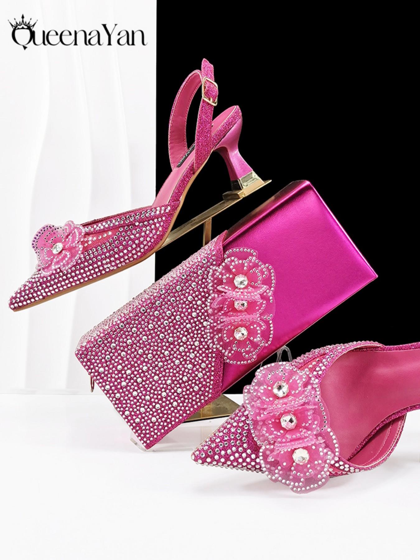 2026 Elegant Silver Pointed-Toe High Heels Shoes with Diamond Accents & Matching Bag - Ideal for Party Elegance