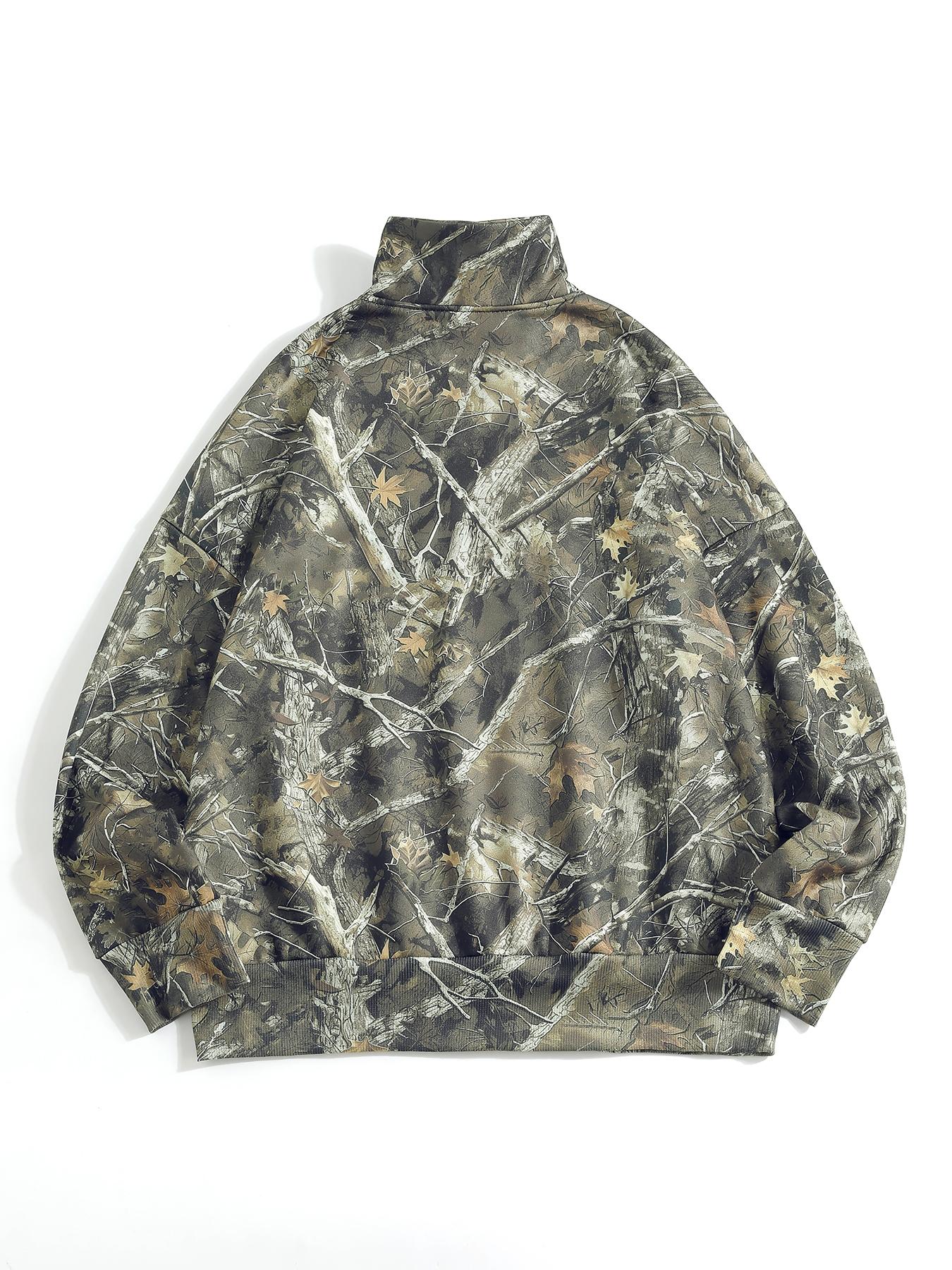 Women's Hooded Half-Zip Casual Round Neck Sport Top, Full Print Leaf Pattern, Digital Printing, Loose Fit, Fall & Winter