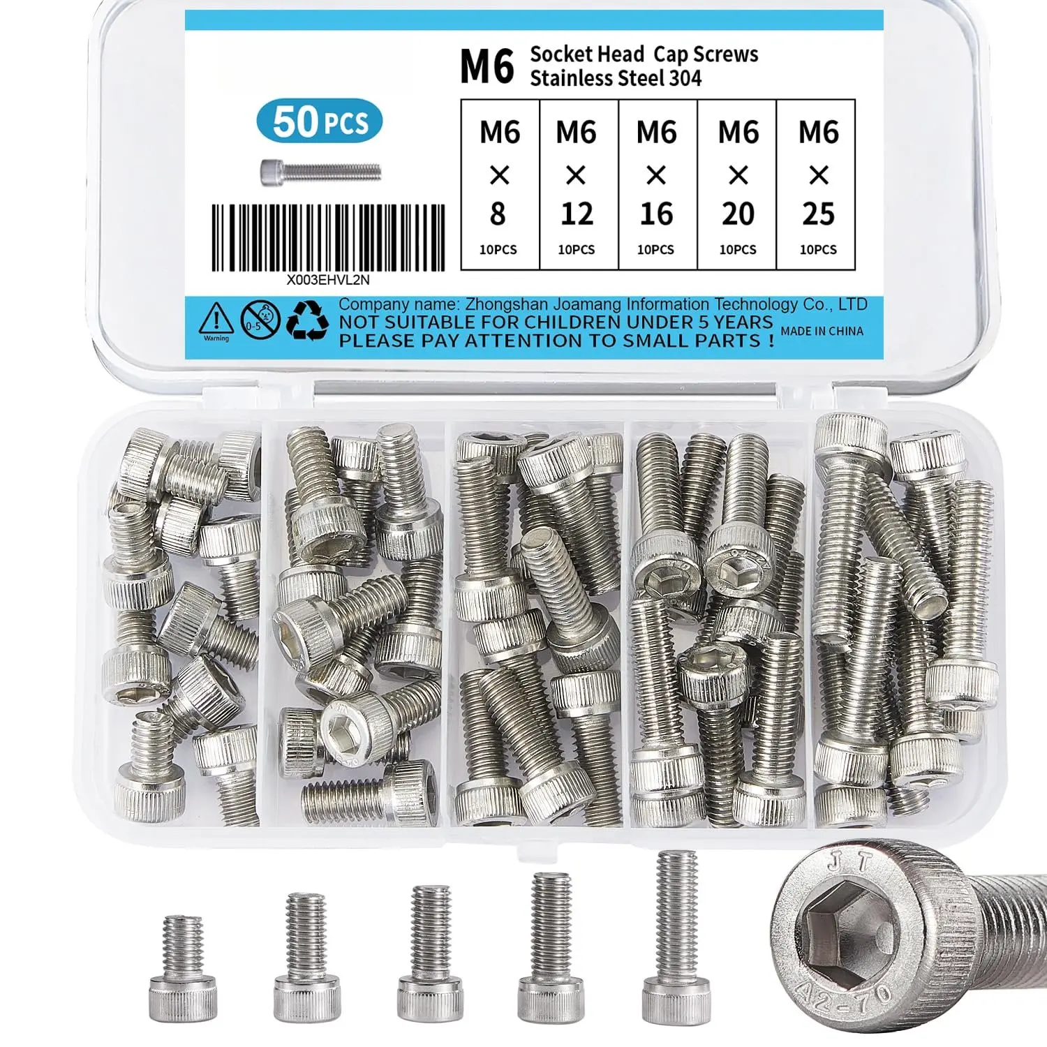 M6 x 8mm 12mm 16mm 20mm 25mm Socket   Screws , Stainless Steel 304, Metric Allen Hex Drive, Bright Finish, Fully Threaded,  Kit 50 count