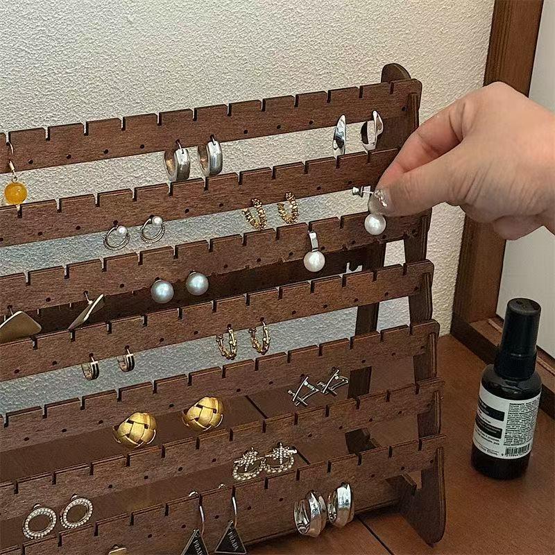 7 Layer Walnut Color Earring Storage Rack, Simple High-End Desktop Organizer, Ear Stud Display Stand, Women's Home Jewelry Holder