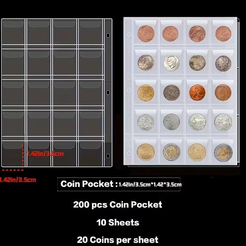 Zippered PU Coin Collector Book, 200 Coins Holder, 10 Pockets Per Page, Portable Coin Storage Album for Display & Protection, Organiser, Organizer