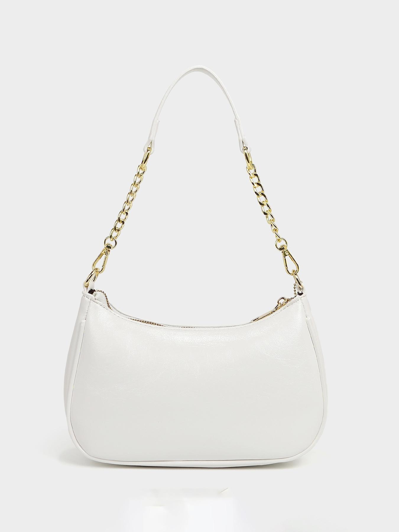 Autumn Winter Vintage Fashion Elegant Letter Pattern Shoulder Bag, Crescent Moon Crossbody Bag with Chain Strap, Cherry Pendant Decor, Handbag Shoulder Bag