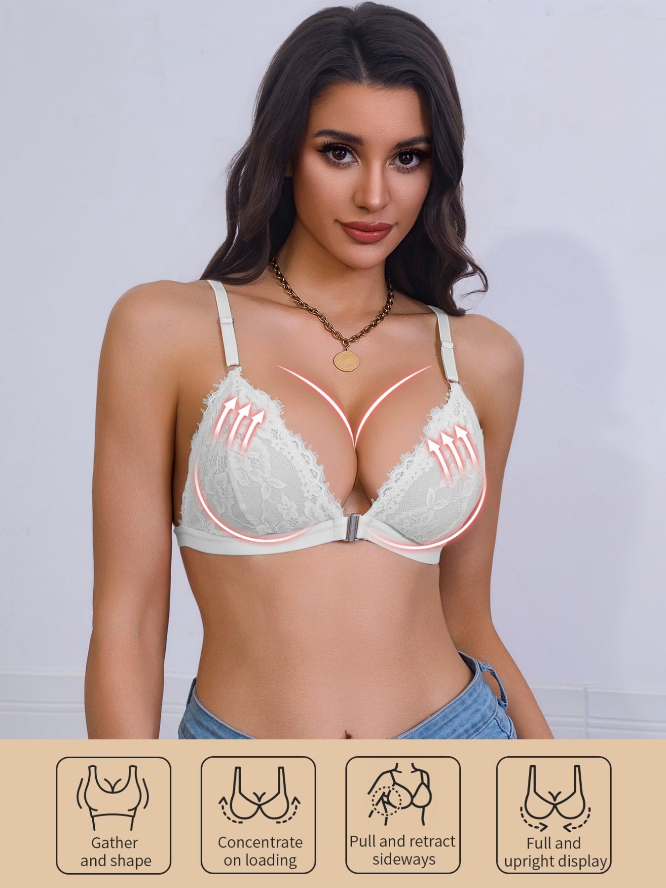 🔥 French Lace Front Closure No Padding Triangle Wireless Bra | Natural Support, Adjustable Straps Invisible Racerback, Easy On/Off, Sexy Lingerie For Daily & Date Night