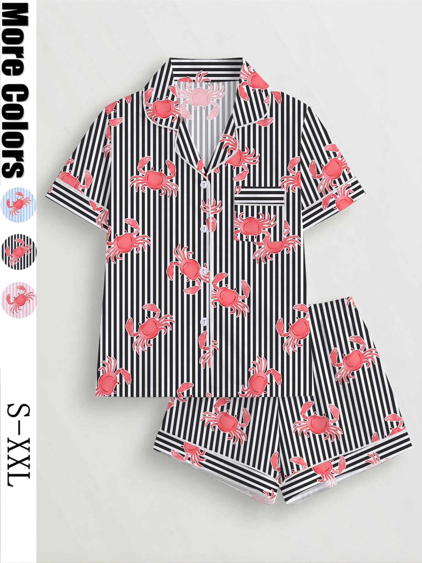 Women's 2-Piece Crab Print Pajama Set, Short-Sleeve Button-Up Top & Elastic Shorts, Casual All-Season Sleepwear, Homewear and Loungewear Set for Home and Party Women's 2-Piece Crab Print Pajama Set, Short-Sleeve Button-Up Top & Elastic Shorts, Casual All-Season Sleepwear, Homewear and Loungewear Set for Home and Party