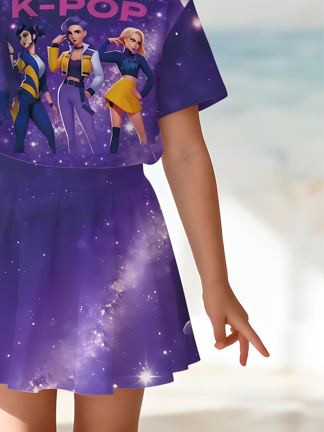 Girls' Summer Casual Set, Cartoon 3D Print, Fashion Round Neck Short Sleeve Top + Skirt, Comfortable Summer for Kids