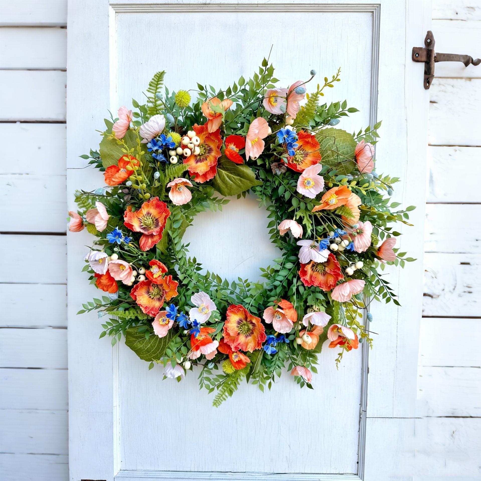 Summer Poppy Flower Ring, Realistic Poppy Front Door Wreath, Handmade Home Porch Party Decoration, Plastic Material, Daily Use