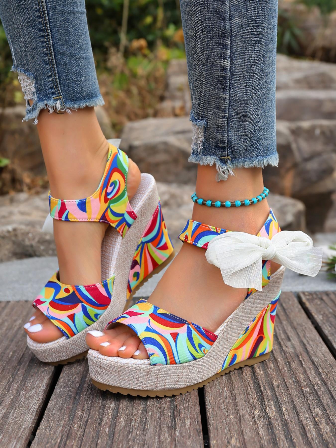 Women's Boho Abstract Colorblock Graffiti Print Shoes, Rhinestone Bow Detail, Chunky Textured Heel, Open Back Design, Versatile & Stylish