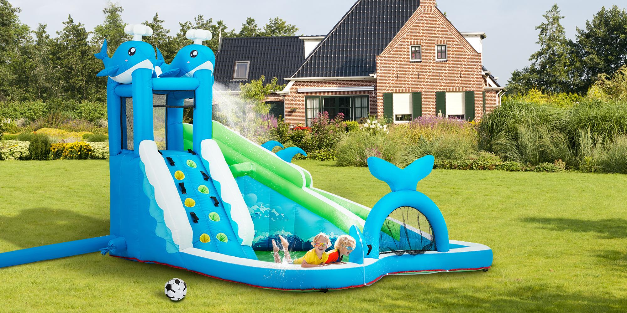 EROMMY Inflatable Trampoline Bounce House, Bounce House with Water Slide for Kids 3-8, Water Slide Bounce House with a Mermaid Shape, Volleyball Match, Trampoline, Water Gun Competition, Storage Bag, 480W Blower for Outdoor Backyard