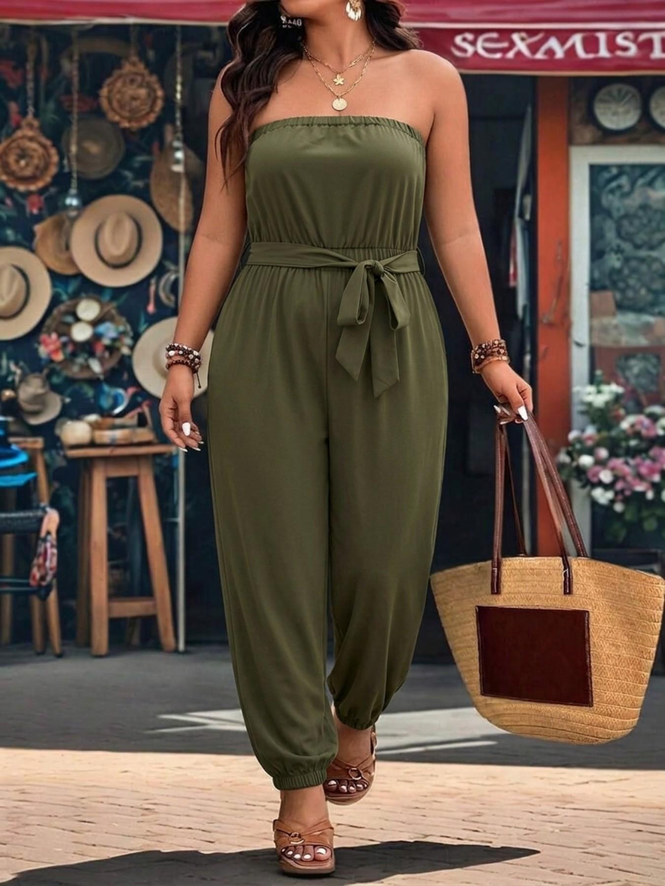 Plus Size Women's Strapless Waist Cinch Romper, Loose Sleeveless Female Jumpsuit, Comfortable Fit Design, Ideal for Daily Wear