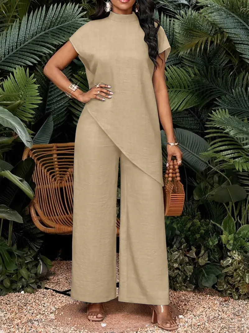 Summer Women's Stand Collar Asymmetrical Top & High Waist Wide Leg Pants Suit Set, Casual Two-Piece Set for Business, Womenswear, Casual Pantsuit
