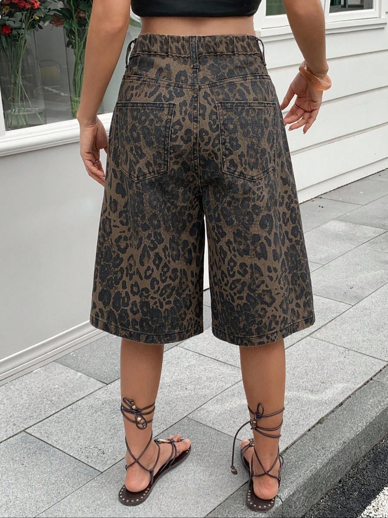 Trendy New Leopard Print Denim Jeans, Fashionable Street Style, Spring Summer Youthful Look, Women's Mid-Calf Jeans, Button Fly Closure