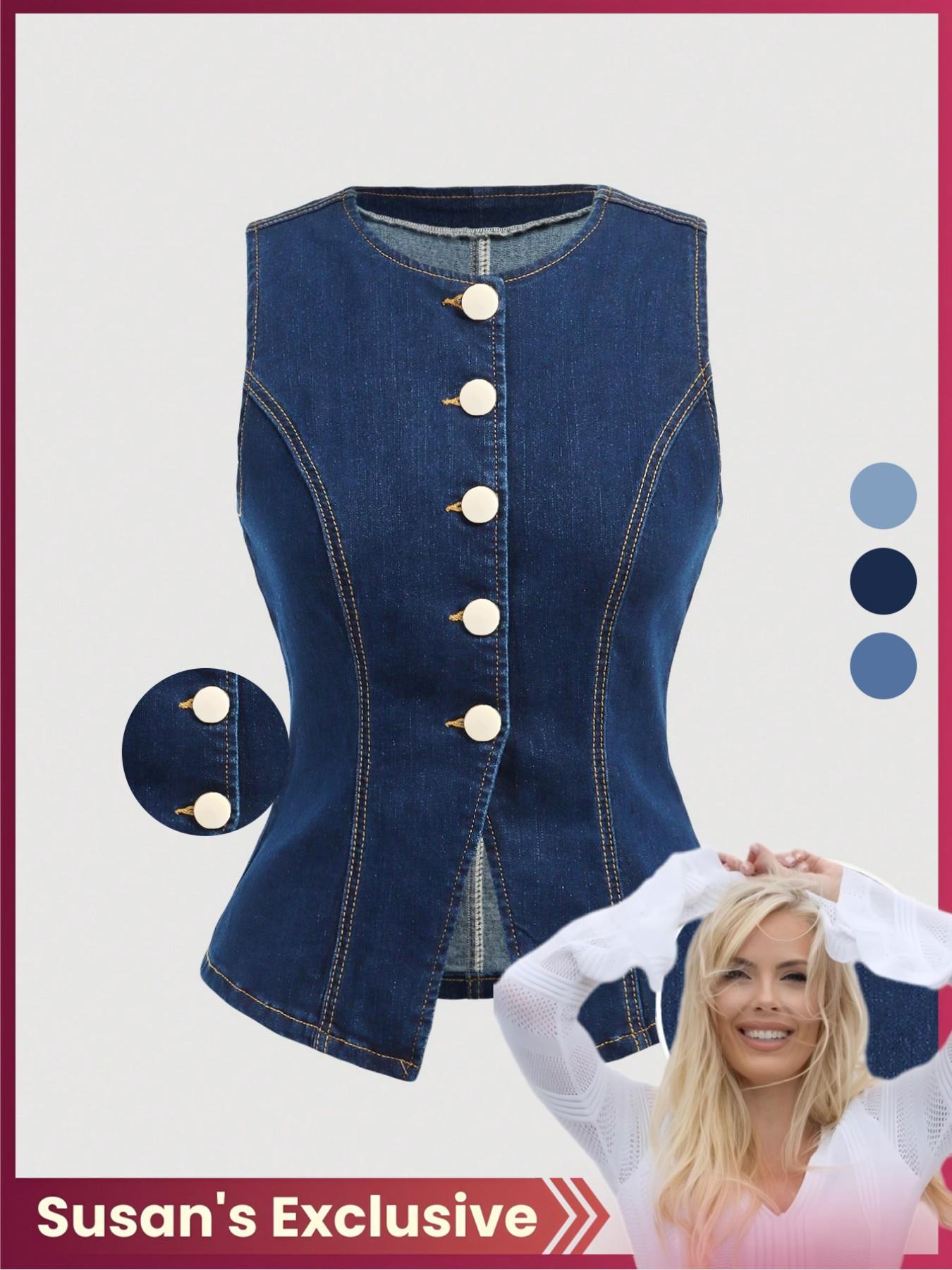 【Susan's Exclusive】Elegant Slim-Fit Sleeveless Denim Jacket for Women, High Stretch Fabric, Casual All Seasons Wear, Unique Stylish Design