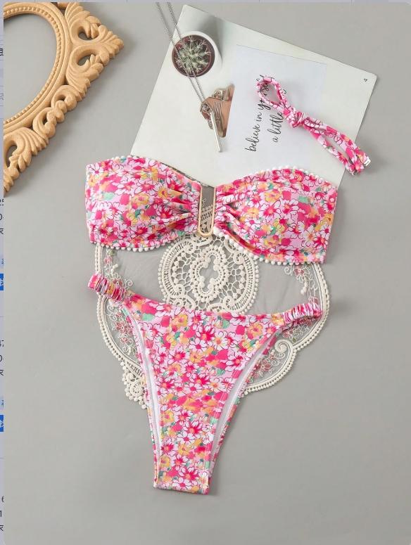Women's Summer Beach Sexy Halter Bikini Set, Floral Print, Thin Straps, Fashion Two-Piece Swimsuit, Casual Style