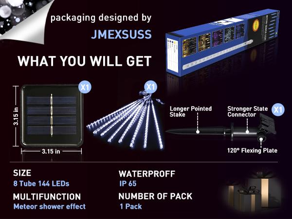 JMEXSUSS Solar Christmas Lights Outdoor Waterproof, Solar Meteor Shower Rain Lights, 8 Tube 144 LEDs Solar Icicle Tree Lights for Yard Patio Xmas