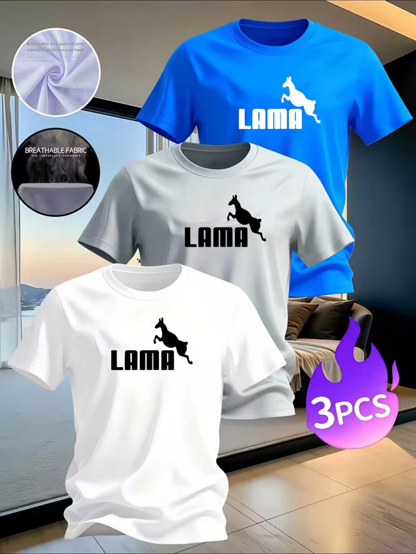 3-Pack Men's "LAMA" Animal Graphic T-Shirts - Casual Breathable Quick-Dry Tees for Daily & Streetwear